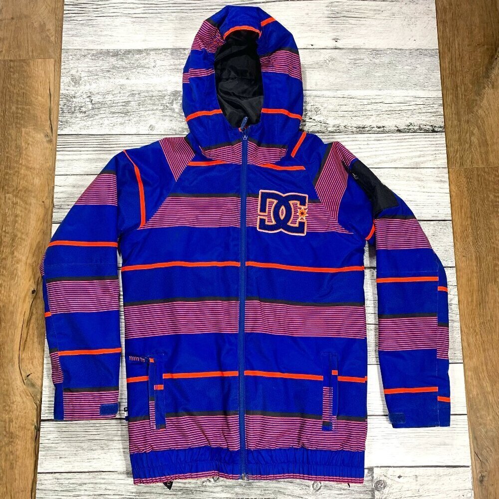 DC Shoes Co 10K Blue Orange Stripe Hooded Winter Snowboard Ski Jacket
